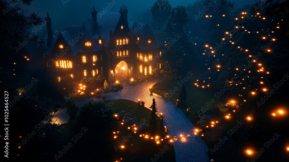 Enchanted Mansion with Glowing Lights at Dusk Enchanted Mansion with Glowing Lights at Dusk