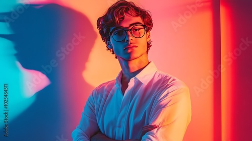 Portraits of teens standing against neon-themed retro patterns, glowing lights casting vibrant shadows, confident poses with arms crossed,