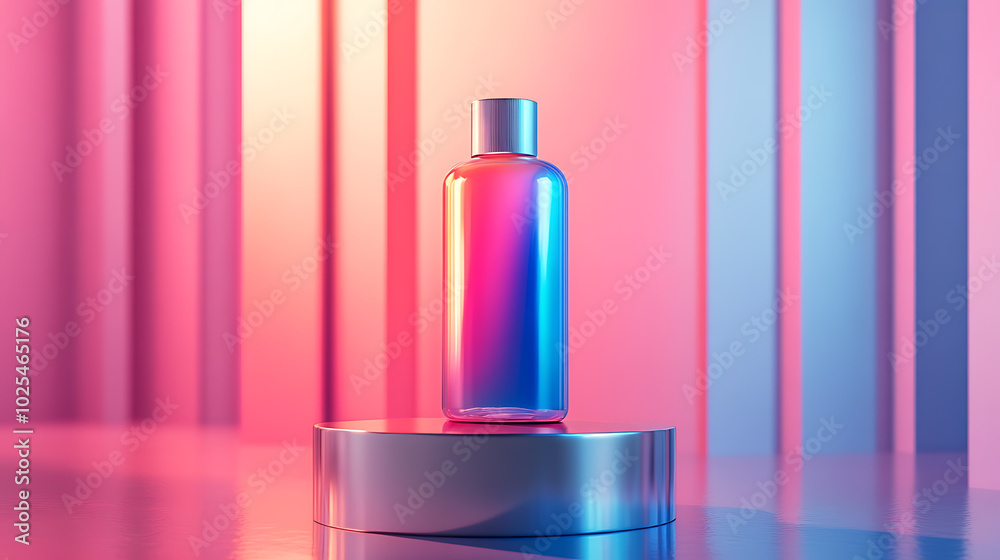A bottle of iridescent liquid stands out against a pink and blue striped backdrop. A bottle of iridescent liquid stands out against a pink and blue striped backdrop.