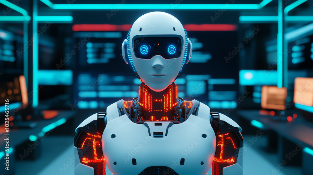 Futuristic robot with glowing components standing in a high-tech environment showcasing advanced artificial intelligence and robotics. Futuristic robot with glowing components standing in a high-tech environment showcasing advanced artificial intelligence and robotics.