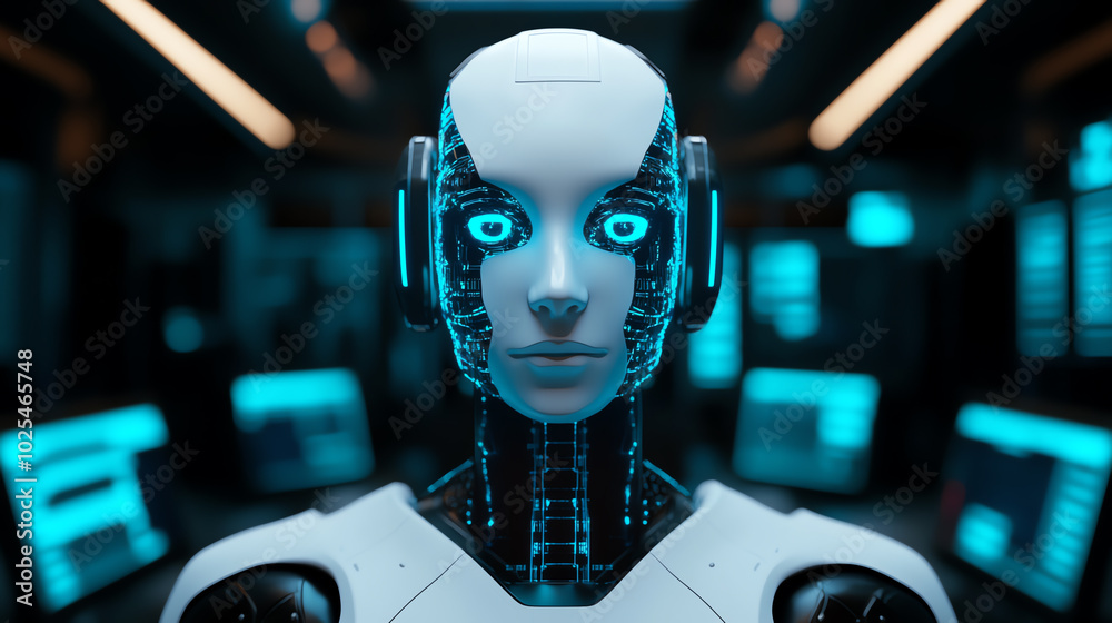 Futuristic robotic humanoid with glowing blue eyes, set against a high-tech background. Represents advancements in artificial intelligence. Futuristic robotic humanoid with glowing blue eyes, set against a high-tech background. Represents advancements in artificial intelligence.