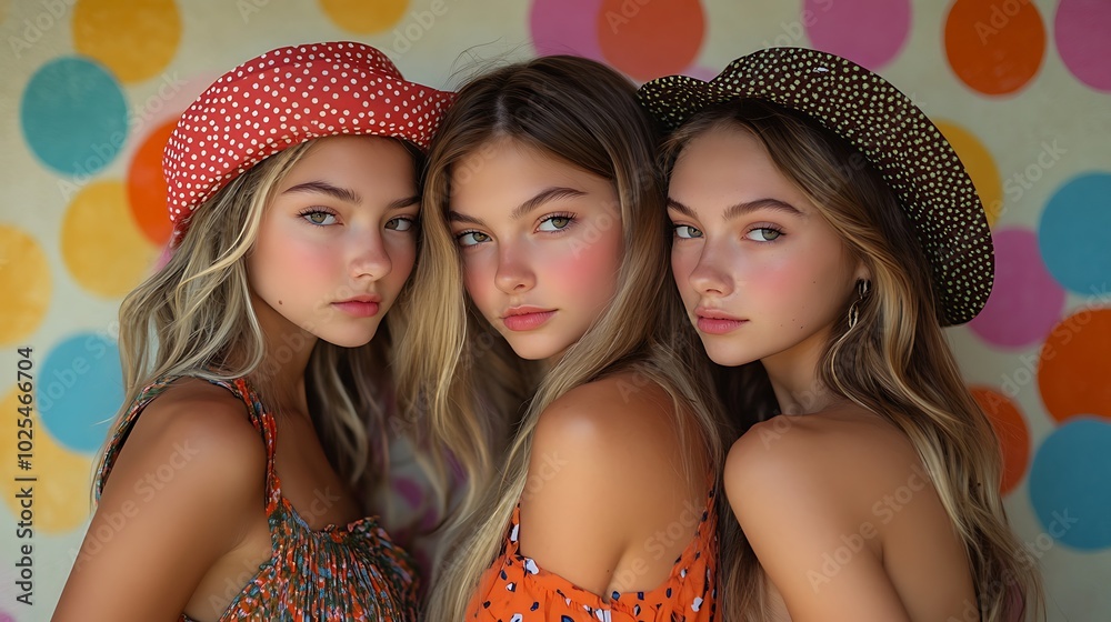Teens posing confidently in front of polka dot and chevron vintage backgrounds, vibrant colors and retro textures, relaxed poses and playful energy, Teens posing confidently in front of polka dot and chevron vintage backgrounds, vibrant colors and retro textures, relaxed poses and playful energy,