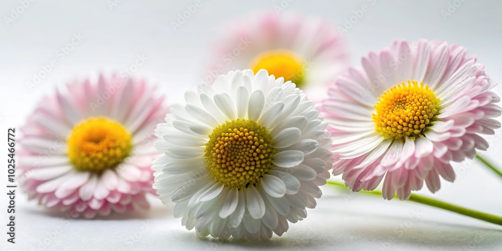 Obraz premium Minimalist bellis perennis flowers on white background macro shot of spring flowers