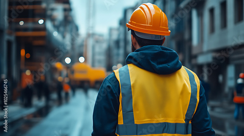 A construction worker wearing a yellow vest and hardhat walks on a city street.