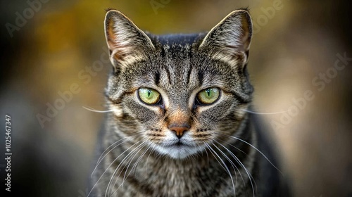 Close-Up of Striped Cat with Green Eyes