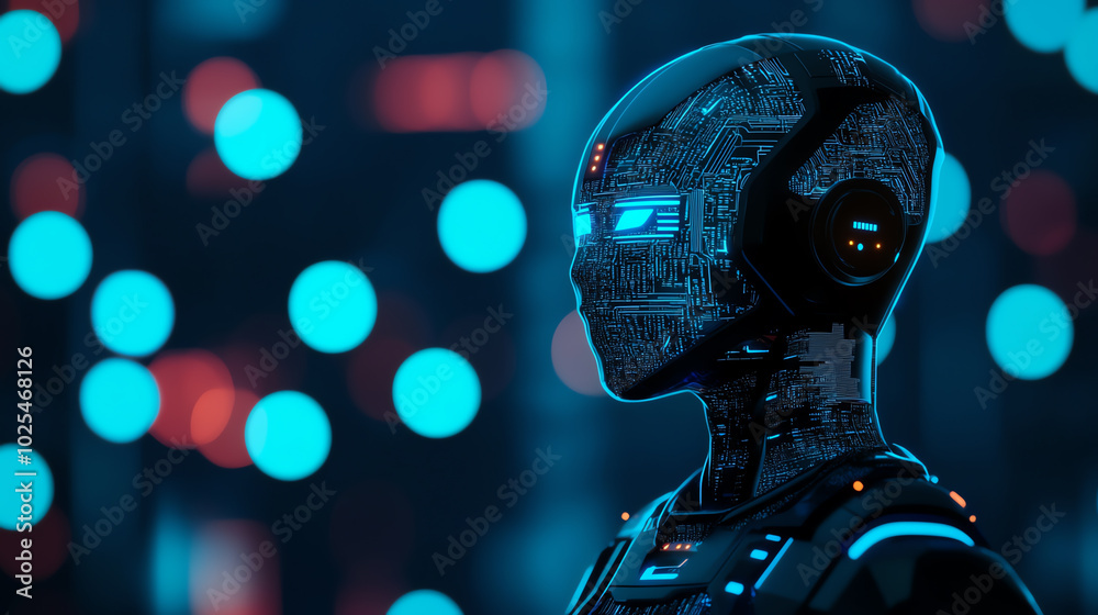Futuristic robot head with intricate circuitry against a vibrant blue and green backdrop, representing advancements in artificial intelligence and robotics. Futuristic robot head with intricate circuitry against a vibrant blue and green backdrop, representing advancements in artificial intelligence and robotics.