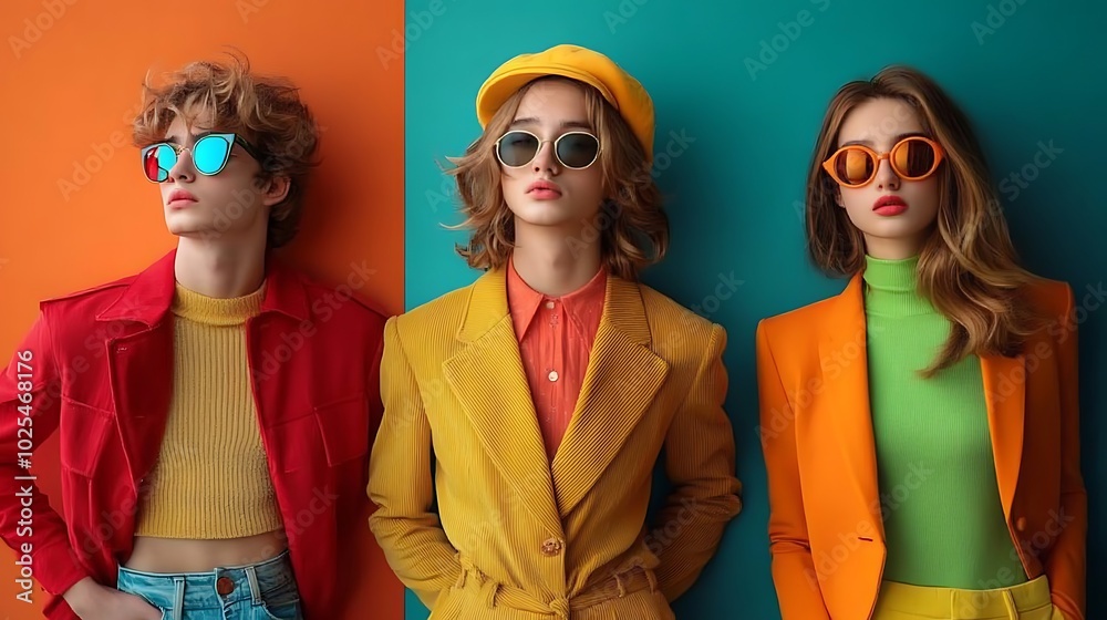 Youth posing confidently against vibrant, retro-inspired backdrops, bold colors and modern outfits, relaxed poses and bright lighting create a playful, yet stylish atmosphere --ar 16:9 Youth posing confidently against vibrant, retro-inspired backdrops, bold colors and modern outfits, relaxed poses and bright lighting create a playful, yet stylish atmosphere --ar 16:9