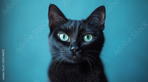 A black cat with green eyes is laying on a blue surface