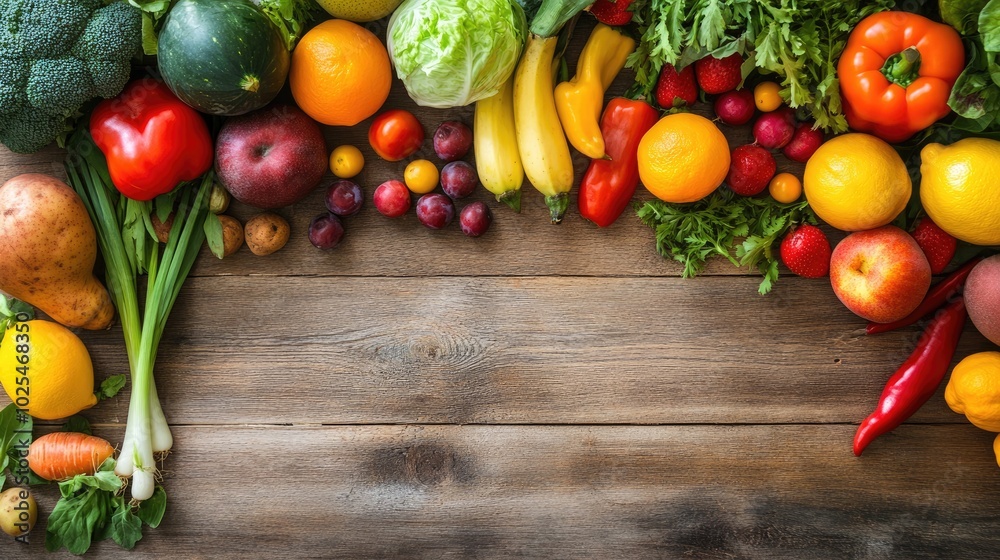 Fresh Colorful Vegetables and Fruits on Wooden Table Fresh Colorful Vegetables and Fruits on Wooden Table