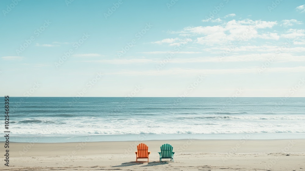 Colorful Chairs on Serene Beach With Gentle Waves Colorful Chairs on Serene Beach With Gentle Waves