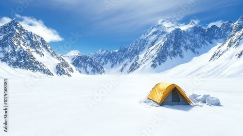 A bright yellow tent set against a stunning snowy mountain landscape.