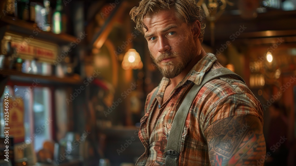 Fototapeta premium Handsome Man in Plaid Shirt and Suspenders at a Rustic Bar