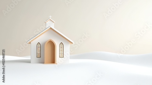 A small white model church on a soft white surface, minimalistic and serene.