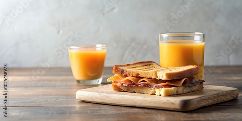 Minimalist breakfast consisting of toasted bread, cheese, bacon, and juice photo