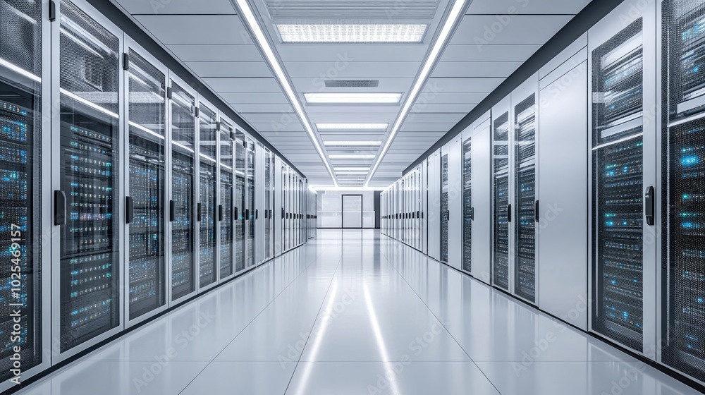 Modern Data Center with Server Racks and Bright Lights Modern Data Center with Server Racks and Bright Lights