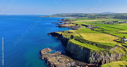 Aerial view of the beautiful and spectacular coastline of Co Antrim Northern Ireland photo