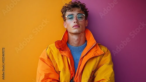 Youth standing confidently in front of bold, solid color backgrounds with retro patterns, confident expressions, vibrant modern fashion styles,