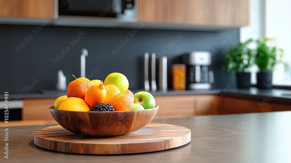 Fresh Fruit Bowl on Table in Modern Kitchen Fresh Fruit Bowl on Table in Modern Kitchen