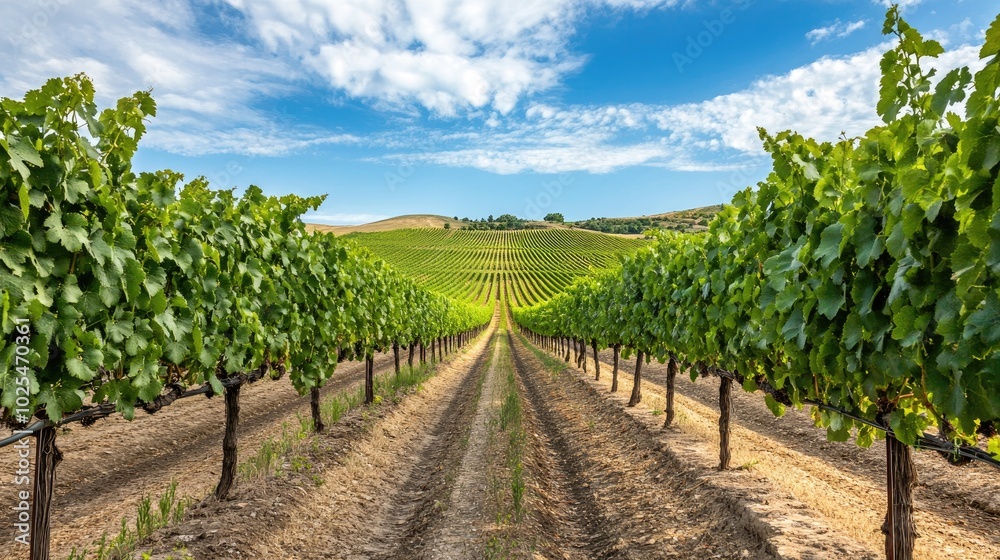 Lush Vineyard Landscape Under Blue Sky
