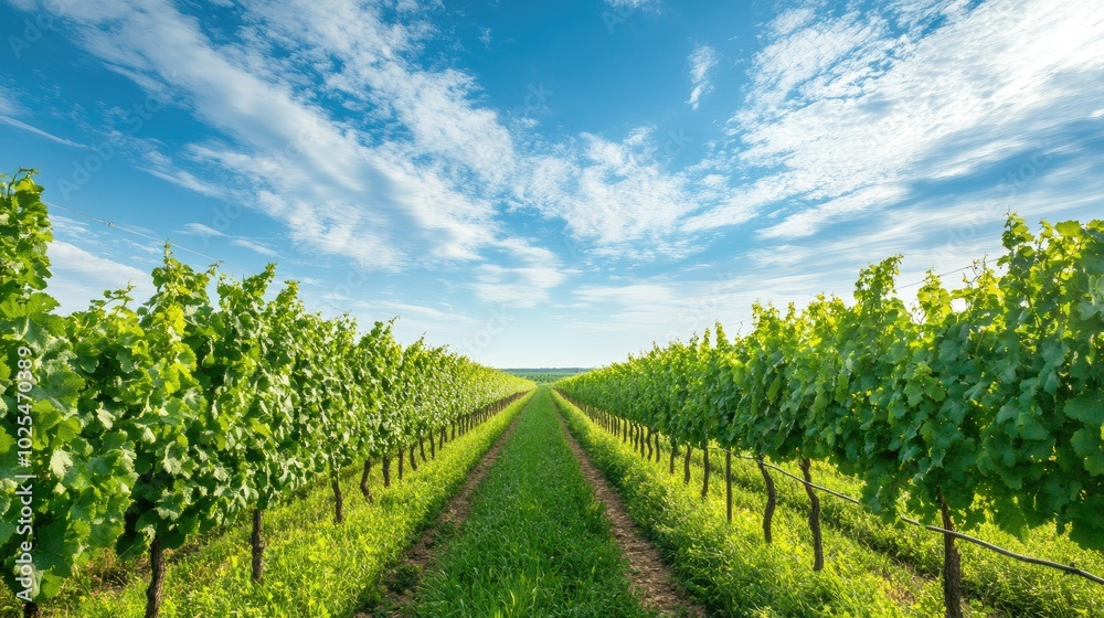 Naklejka premium Serene Vineyard Under Blue Sky with Wispy Clouds
