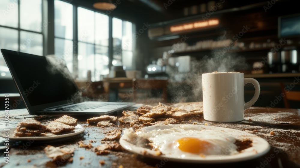 Breakfast setting with eggs, coffee, and a laptop on a wooden table. Breakfast setting with eggs, coffee, and a laptop on a wooden table.