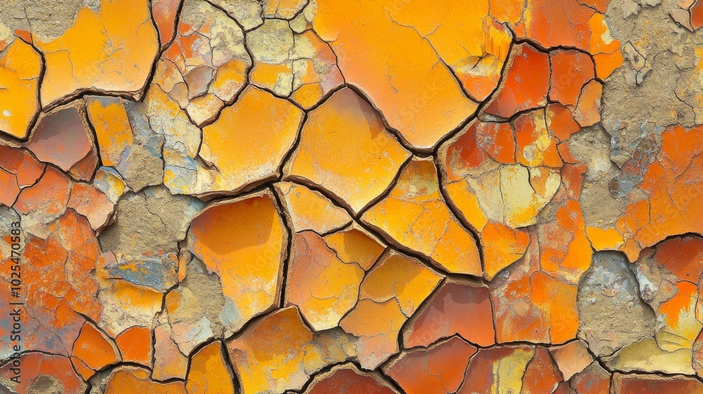2410_042.overhead shot of desiccated clay surface, mosaic-like fractures, rusty orange hues, sun-baked earth closeup, erosion patterns, climate change visualization, dry season aftermath, geological 2410_042.overhead shot of desiccated clay surface, mosaic-like fractures, rusty orange hues, sun-baked earth closeup, erosion patterns, climate change visualization, dry season aftermath, geological