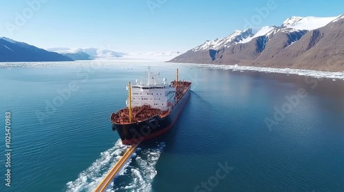 Cargo ship navigating through icy waters of a fjord. photo