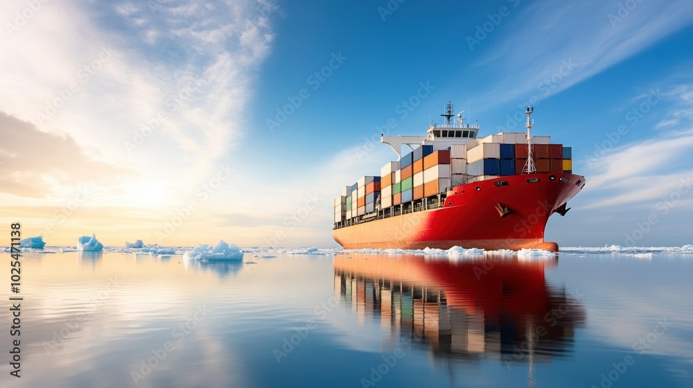 Fototapeta premium Cargo ship sailing through serene waters under a bright sky.
