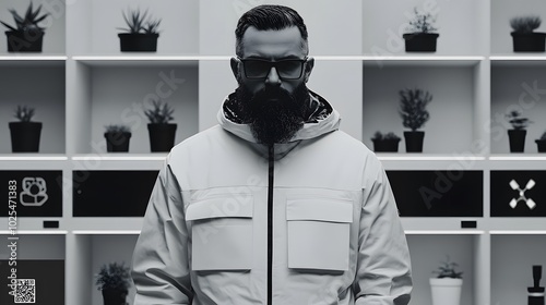 Stylish bearded man in a modern, monochrome setting with plants in the background.