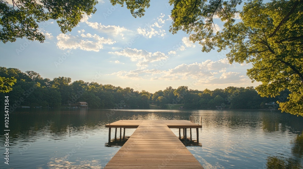 Naklejka premium Serene Lake Dock Under a Blue Sky