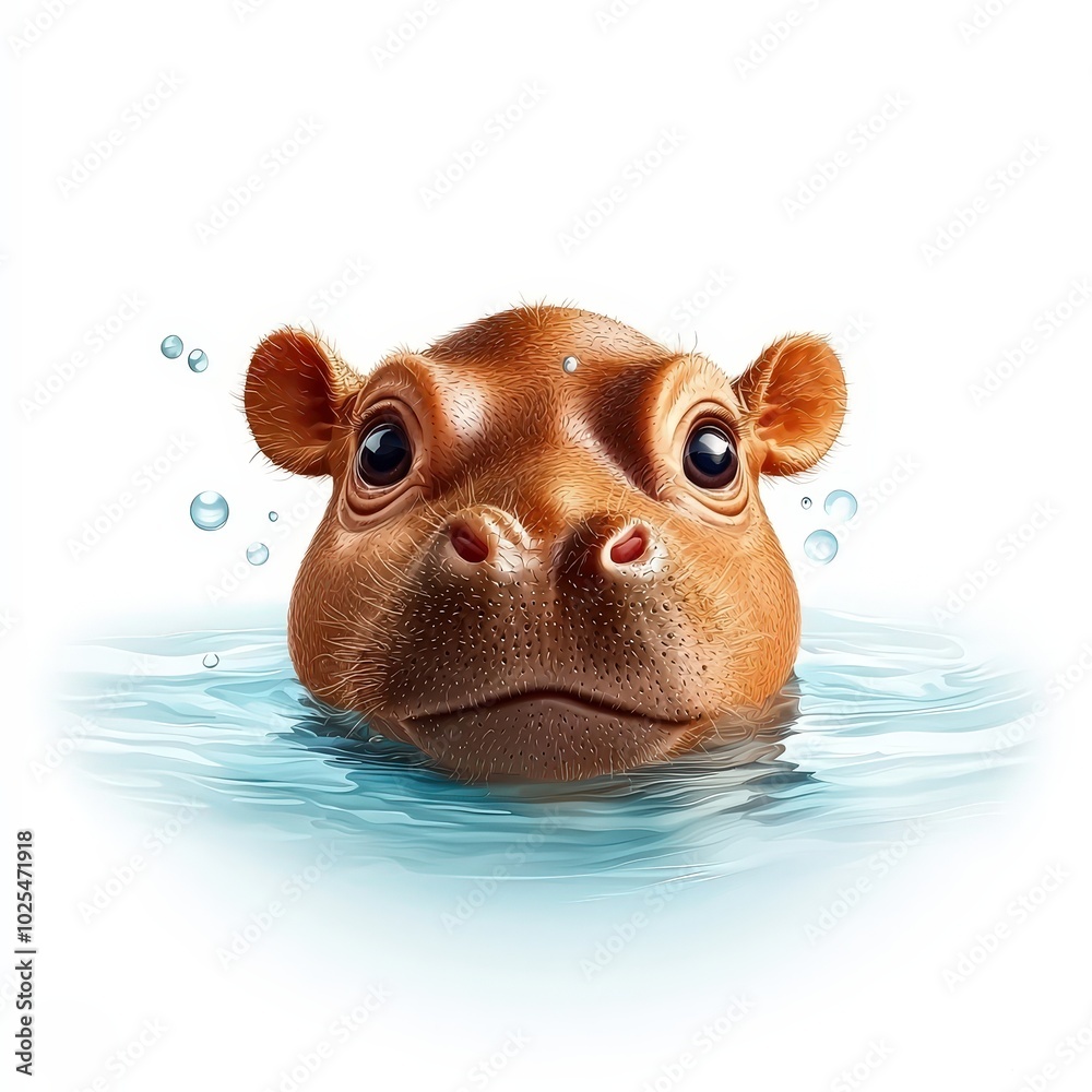 Naklejka premium Baby Hippo with Water Bubbles in Relaxing Pool