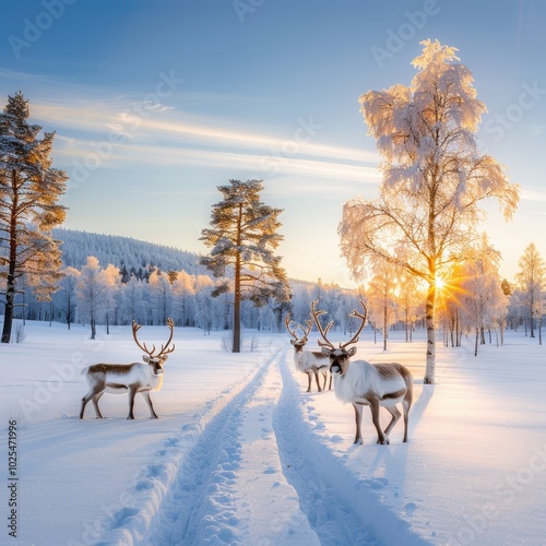 Serene Snowy Park at Sunset with Beautiful Reindeer