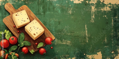 Two pieces of smoked cheese parenica on a wooden board, accompanied by tomatoes and preserved vegetables, set against a backdrop of a worn green board photo