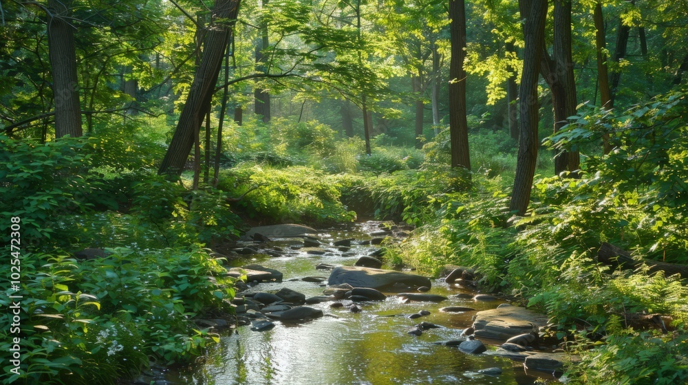 Sunlit Creek Winding Through Lush Woodland Sunlit Creek Winding Through Lush Woodland