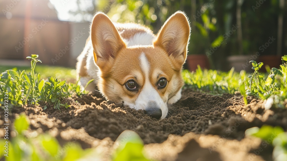 Fototapeta premium 2410_056.playful corgi digging hole, lush green grass surroundings, sunlit outdoor scene, sandy soil, close-up pet photography, candid animal behavior, summer day ambiance, natural lighting