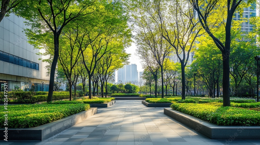 Fototapeta premium Lush Green Pathway in Urban Park Setting