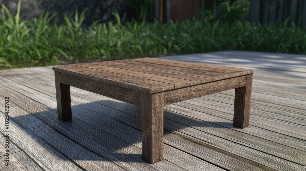 Wooden Table on Deck Surrounded by Greenery
