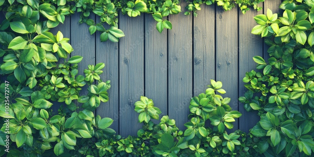 Green foliage against a fence backdrop, Lush green leaves near a wooden fence Green foliage against a fence backdrop, Lush green leaves near a wooden fence