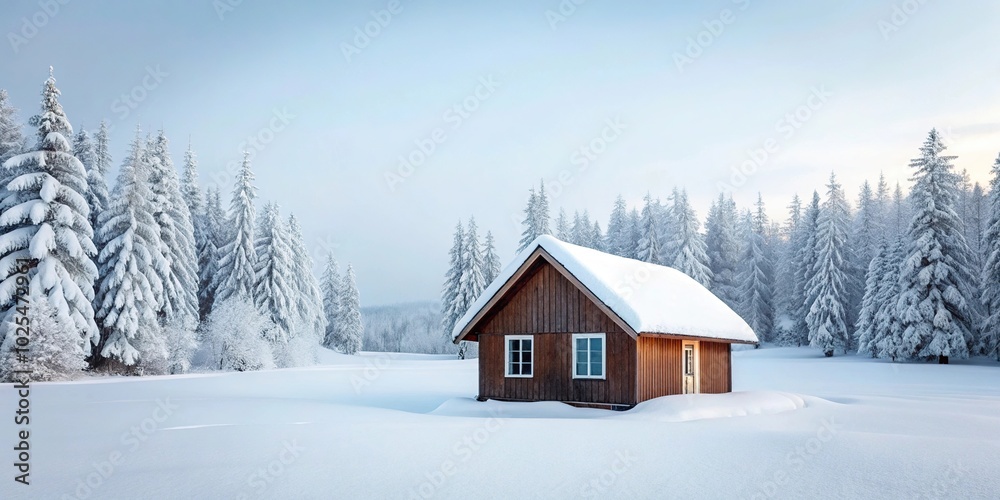 Minimalist cozy winter cabin in snowy landscape Minimalist cozy winter cabin in snowy landscape