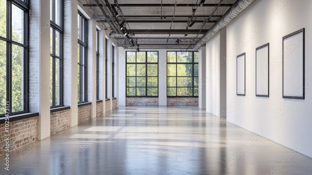 Modern Gallery Space with Bright Windows and Concrete Floor Modern Gallery Space with Bright Windows and Concrete Floor