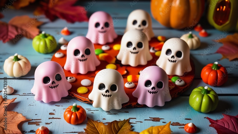 Fototapeta premium Cute Halloween boo greetings with ghosts. 