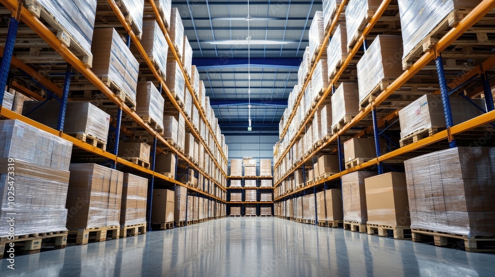 Wide Aisle in Modern Warehouse with Shelves and Pallets Wide Aisle in Modern Warehouse with Shelves and Pallets