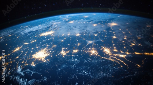 A stunning view of Earth at night, illuminated by city lights from space. The lights create a mesmerizing network of patterns across the planet's surface, h