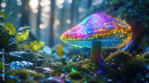 Glowing Bioluminescent Mushroom in Forest