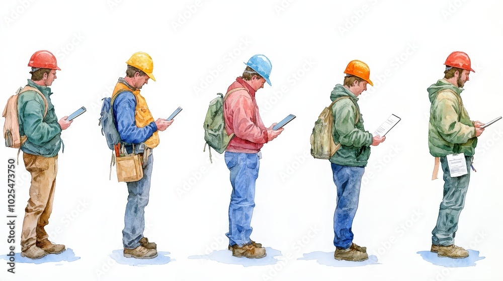 Five Construction Workers Using Digital Tablets Five Construction Workers Using Digital Tablets