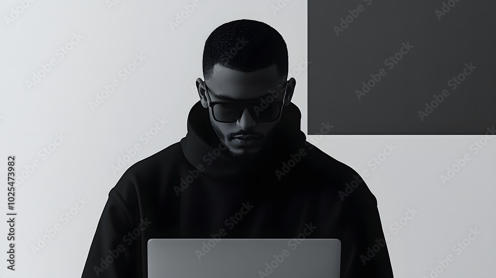 Focused Black male in sunglasses uses a laptop against a minimalist backdrop. Focused Black male in sunglasses uses a laptop against a minimalist backdrop.