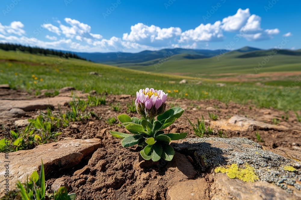 Single wildflower blooming in a vast, open field, symbolizing resilience and beauty in nature Single wildflower blooming in a vast, open field, symbolizing resilience and beauty in nature