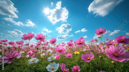 Obraz na płótnie background image of white wildflowers growing in a meadow far into the distance, sunshine bright, w salonie