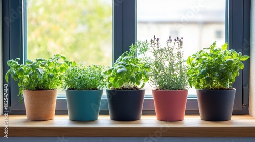 Fresh Herbs in Colorful Pots on Window Sill