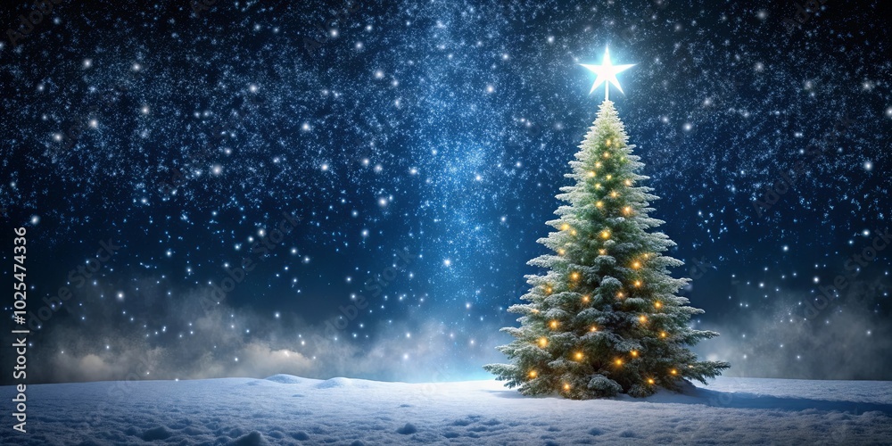 A single evergreen tree stands tall amidst a snowy landscape, illuminated by twinkling lights against a backdrop of a starry night sky. A single evergreen tree stands tall amidst a snowy landscape, illuminated by twinkling lights against a backdrop of a starry night sky.